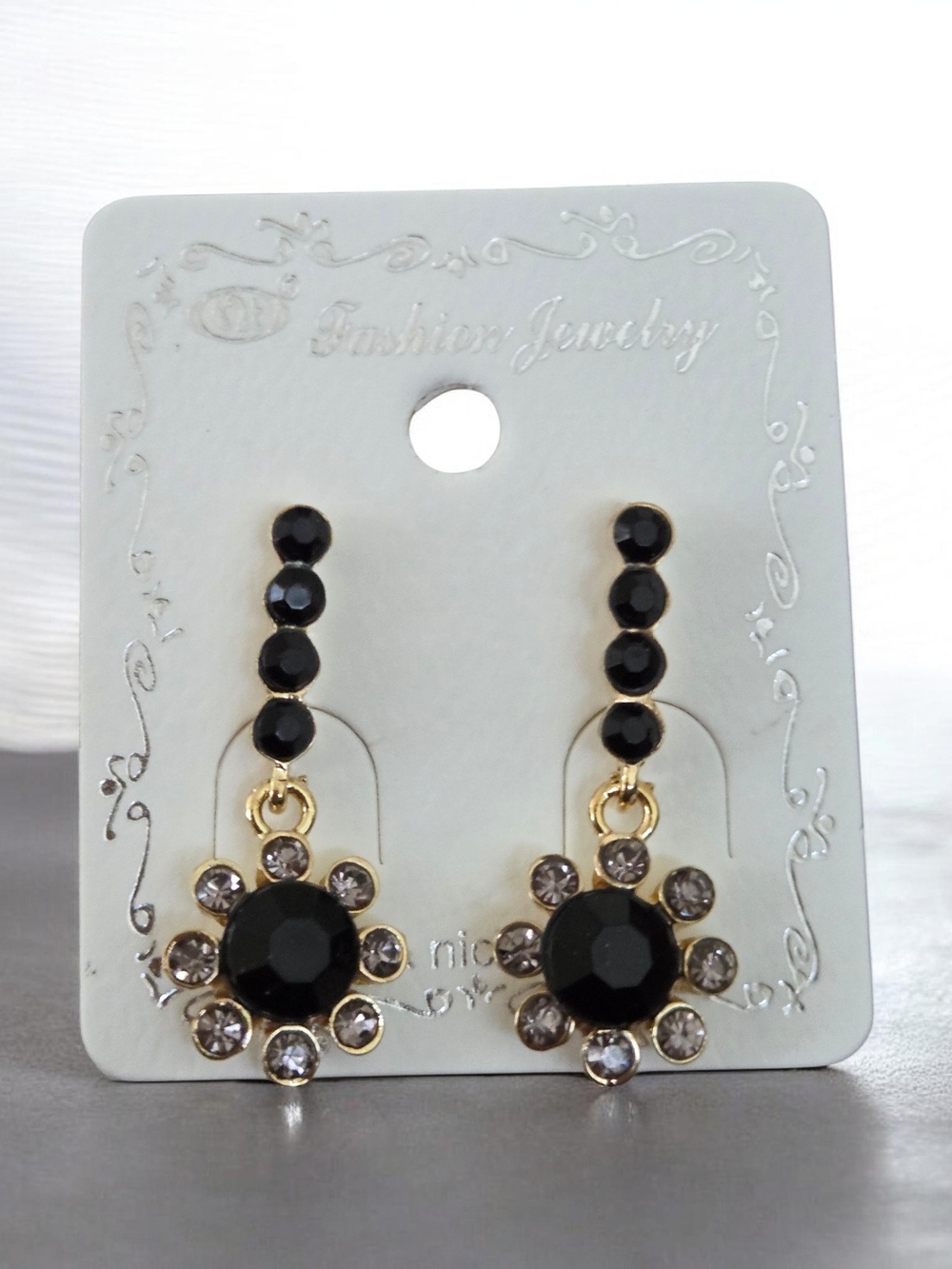 Fashion Jewelry Black and Clear Crystal Floral Drop Earrings